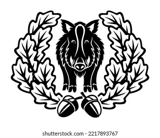 Wild boar and oak leaves icon on white background.