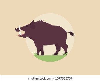 Wild Boar on the Grass. Cartoon Animal Character. Vector flat Illustration.