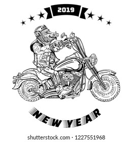 Wild boar on motorbike. Biker, motorcyclist. Symbol of 2019 - year of a pig. Hand drawn illustration with New Year inscription, motorcycle emblem style. Sticker, greeting card, poster, t shirt print.