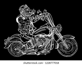 Wild boar on motorbike. Biker, motorcyclist. Symbol of 2019 - year of a pig. Hand drawn engraving style illustration white on black. Sticker, poster, t shirt print. Rock music, heavy metal.