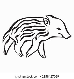 Wild boar, pig or swine, forest animal illustration isolated on white background. Black and white vector image of hand-drawn striped boar. Sketch image illustration.