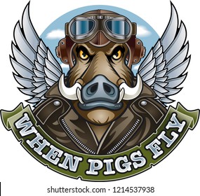 wild boar in pilot outfit, banner with text "when pigs fly" 