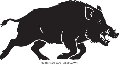 Wild boar running, aggressive swine profile, hunt mascot art.