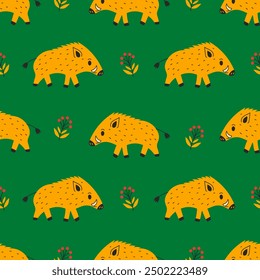 Wild Boar Seamless Pattern. Warthog. Cute wildlife animal berries and leaves. Repeat vector illustration. Autumn Fall Forest Theme. Adorable Childish Print