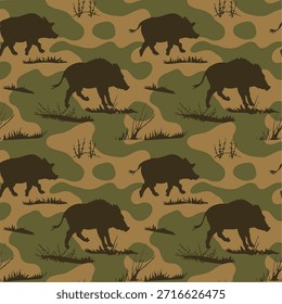 Silhueta de javali selvagem com padrão de camo, projeto de vetor inspirado na caça para tecidos, equipamentos, arte ao ar livre e tática

