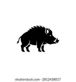 Wild boar silhouette mascot with tusks and spiked mane. Minimalist black silhouette of a wild boar with sharp tusks and a spiked mane. Bold clean design on a plain background. Ideal for sports mascots, hunting logos, or wildlife branding.
