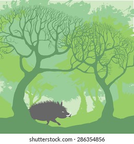 Wild Boar silhouette on wood background. Hog with fangs run through the forest. Vector illustration. 