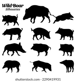 Wild boar silhouette vector illustration set.