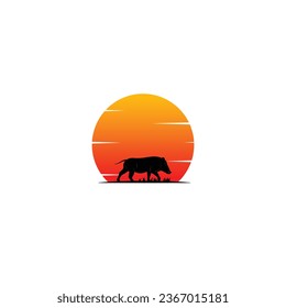Wild boar and sunset logo vector graphics