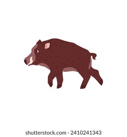 Ilustración vectorial de jabalí. Animal forestal de la tundra y la taiga. Caricatura de la criatura de la naturaleza, jabalí salvaje con colmillos. Mamífero ungulado de gran tamaño marrón septentrional aislado en blanco