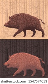 Wild boar is walking in the forest. Design set. Hand drawn engraving. Editable vector vintage illustration. Isolated on light and dark background. 8 EPS 