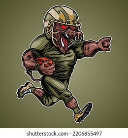 wild boar who became the mascot of American football complete with player clothes, body position that is running and holding the ball.