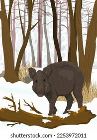Wild boar in the winter forest. Realistic vertical vector landscape