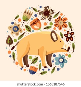 Wild boar woodland flat vector animal illustration. Cute cartoon hog character with ornate floral botanical elements in scandinavian style.