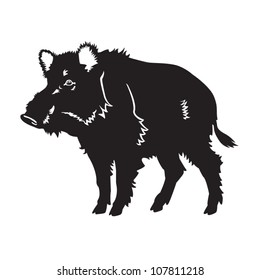 wild boar,vector,standing forest animal, black and white image isolated on white background