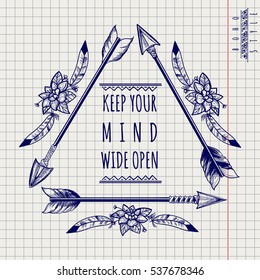Wild boho emblem with drawing arrows and feathers on notebook page. Vector illustration