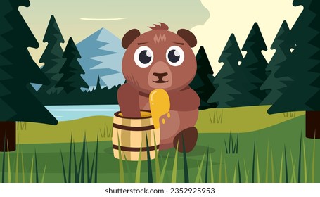 wild brown baby bears in forest background. funny bears sitting in different poses at the meadow, having fun, getting angry. vector cartoon background.