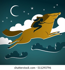 Wild brown horse composition with moon and starry sky with horse in the foreground vector illustration