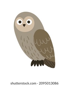Wild brown owl. Dark brown bird coloring, camouflage feathers, wildlife and fauna. Characters for childrens, stickers and badges. Cartoon flat vector illustrations isolated on white background