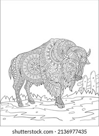 Wild Buffalo doodle art outline coloring page