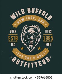 Wild Buffalo New York USA Vintage T Shirt Graphics. Retro Bekleidung Texturierte Modedrucke mit Bison Vector Illustration. Authentisches Logo für alte Schulen