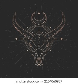 Wild buffalo skull and Sacred geometric symbol on black vintage background. Abstract mystic sign. Gold linear shape.