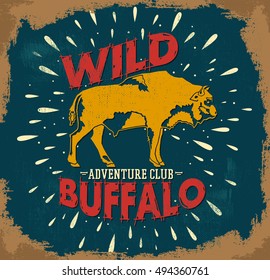 Wild Buffalo vector vintage emblem design, label with wording for apparel.