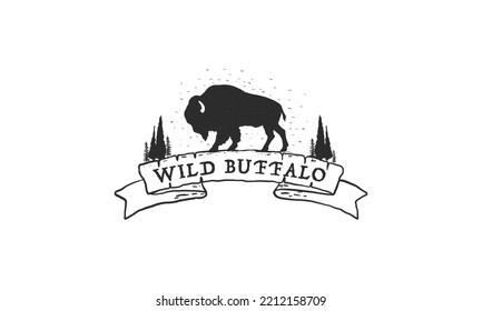 Wild Buffalo vintage Logo Design. Bison Bull Buffalo Angus Silhouette Vintage Retro Logo, Buffalo Breeders Vector Illustration.