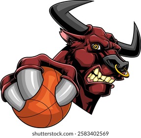 Wild Bull Clutching Basketball With Fierce Expression Sports Mascot Logo Design. Vector Hand Drawn Illustration Isolated On Transparent Background