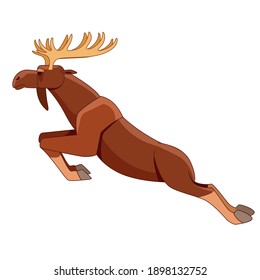 Wild Bull moose jumping in the air. Woodland moose in cartoon style. Scene from wild. Cartoon character vector flat illustration isolated on a white background.