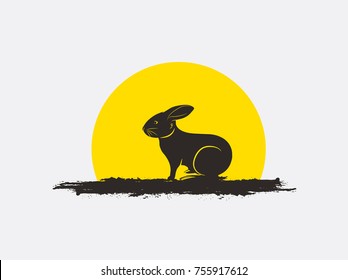 Wild Bunny Silhouette in Front of Sun Vector