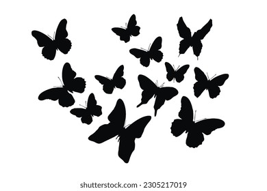 Wild butterflies flying silhouette set design. Butterflies silhouette vector collection on a white background. Monarch standing and sitting. Moth and butterfly black and white silhouette vector bundle