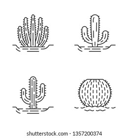 Wild cacti in ground linear icons set. Succulents. Spiny plants. Barrel cactus, saguaro, mexican giant, organ pipe cactus. Thin line contour symbols. Isolated vector outline icons. Editable stroke