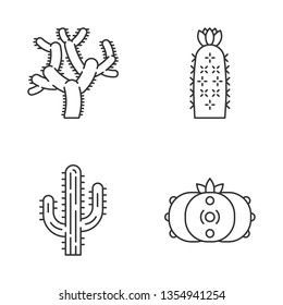 Wild cacti linear icons set. American tropical plants. Succulents. Saguaro, peyote, hedgehog, teddy bear cactuses. Thin line contour symbols. Isolated vector outline illustrations. Editable stroke
