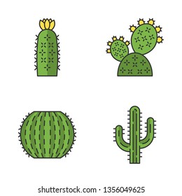 Wild cactus color icons set. Desert flora. Succulents. Spiny plants. Prickly pear, barrel, hedgehog cactuses, saguaro. Isolated vector illustrations