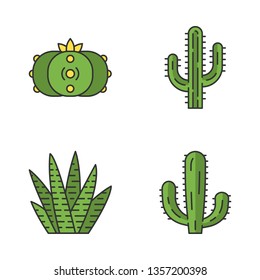 Wild cactus color icons set. Succulents. Cacti collection. Saguaro, peyote, mexican giant and zebra cactuses. Isolated vector illustrations