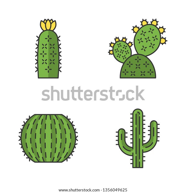Wild cactus color icons set. Desert flora.\
Succulents. Spiny plants. Prickly pear, barrel, hedgehog cactuses,\
saguaro. Isolated vector\
illustrations