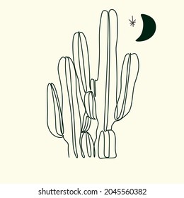 Wild cactus. Desert Arizona moonchild. Vintage concept. Mexico culture. Harmony and zen. Crescent moon magic. Vector illustration.