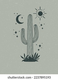 Wild cactus. Desert Arizona moonchild. Vintage concept. Mexico culture. Harmony and zen. Crescent moon magic. Vector illustration.