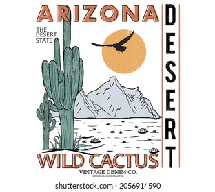 Wild cactus desert vector t shirt design. Arizona desert vintage artwork for apparel, poster, background, sticker and others.