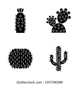 Wild cactus glyph icons set. Desert flora. Succulents. Spiny plants. Prickly pear, barrel, hedgehog cactuses, saguaro.  Silhouette symbols. Vector isolated illustration