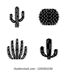 Wild cactus glyph icons set. Succulents. Cacti collection. Saguaro, organ pipe, mexican giant and barrel cactuses. Silhouette symbols. Vector isolated illustration