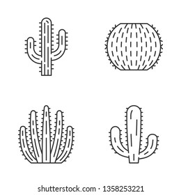 Wild cactus linear icons set. Succulents. Cacti collection. Saguaro, organ pipe, mexican giant and barrel cactuses. Thin line contour symbols. Isolated vector outline illustrations. Editable stroke