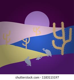 Wild cactus on deserts. Vector illustration. Stylish purple, violet and neutral colors. Sands with cactus.