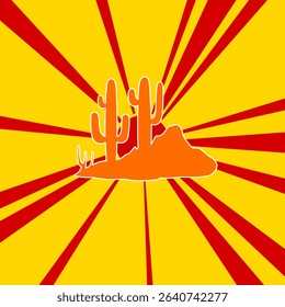 Wild cactus symbol on a background of red flash explosion radial lines. The large orange symbol is located in the center of the sun, symbolizing the sunrise. Vector illustration on yellow background