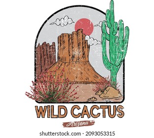 Wild cactus vector t shirt design. Mountain desert design for apparel, t shirt, sticker, poster, wallpaper and others.	