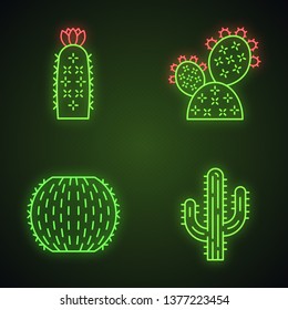 Wild cactuses neon light icons set. Desert flora. Succulents. Spiny plants. Prickly pear, barrel, hedgehog cactuses, saguaro. Glowing signs. Vector isolated illustrations