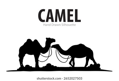 Wild camels in desert silhouette against a dramatic sunset sky