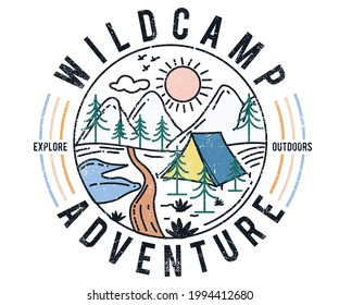 Wild camp adventure vector design. Summer camp t shirt artwork. Mountain outdoors graphic print.