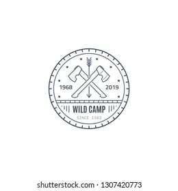 Wild camp badge design. Two crossed axes. Wild forest survival. Black and white Line art flat style illustration.